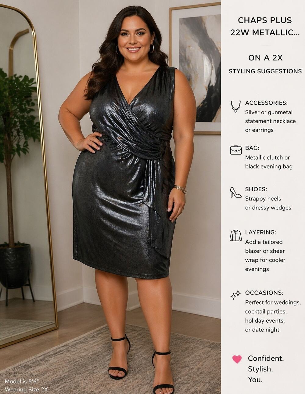 Chaps plus 22w Metallic gunmetal Holiday New years Silver Dress faux crossover